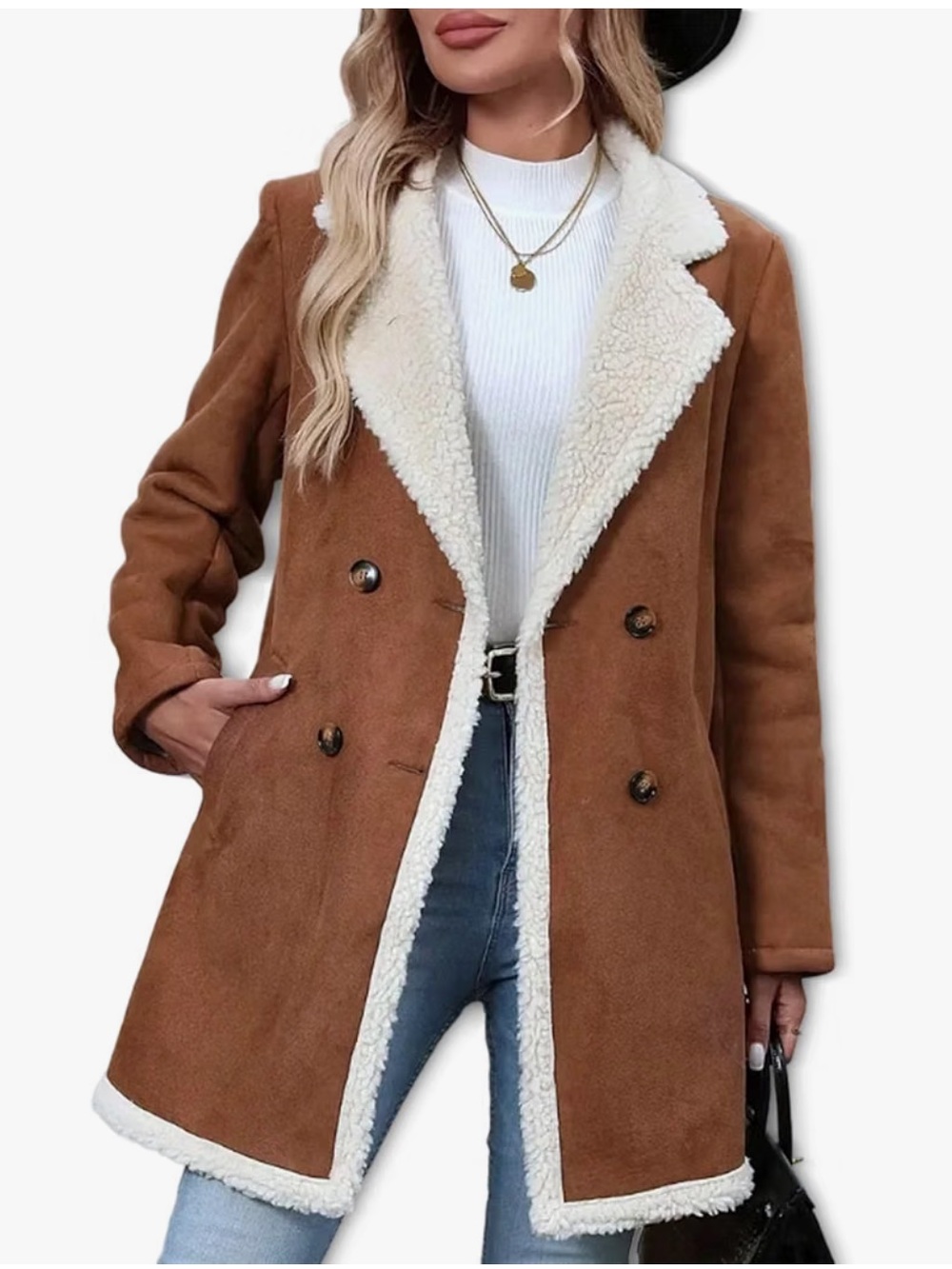 Brown Double-Breasted Faux Shearling Pea Coat with Cream Trim